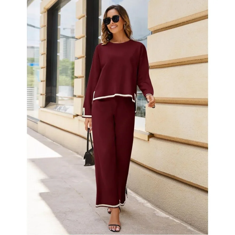 Women's Wine Red Long Sleeve Knit Sweater Top & Wide Leg Pants Lounge Set